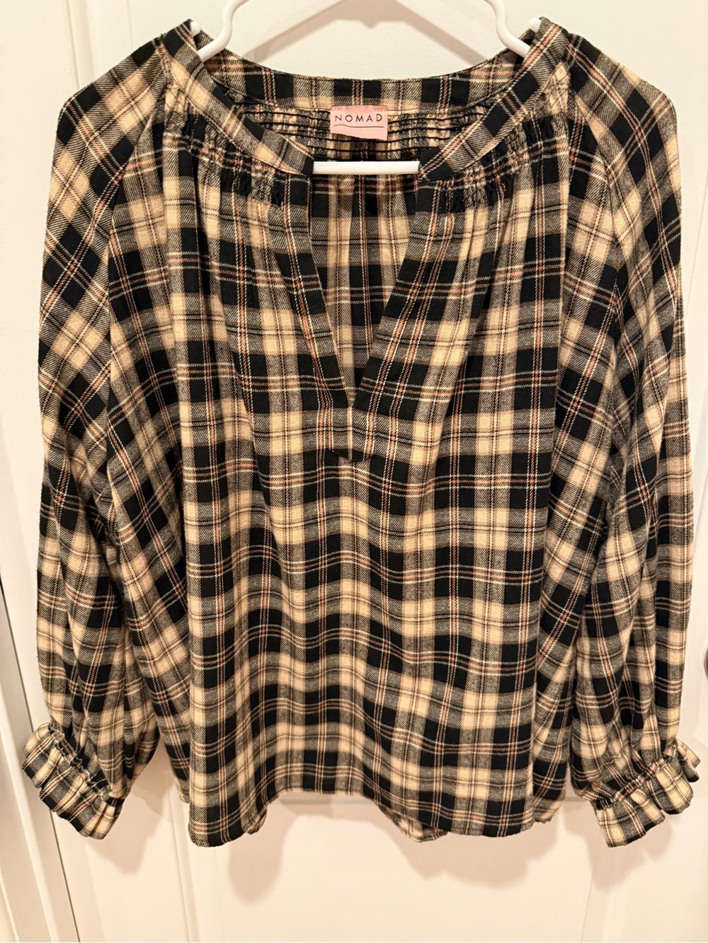 Nomad Black and Cream Plaid V-Neck Peasant Tunic